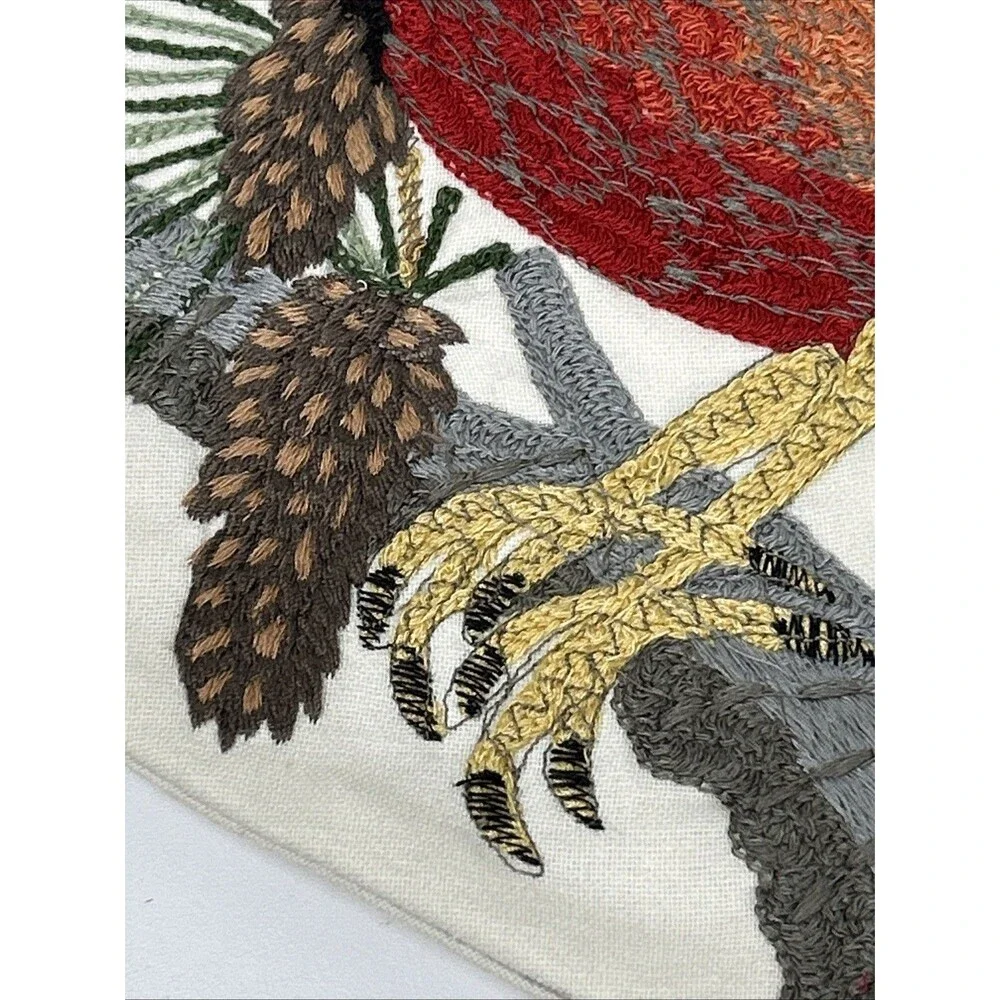 Pottery Barn Christmas Stocking Embroidery Cardinal Pine Cone Branch Bird Crewel